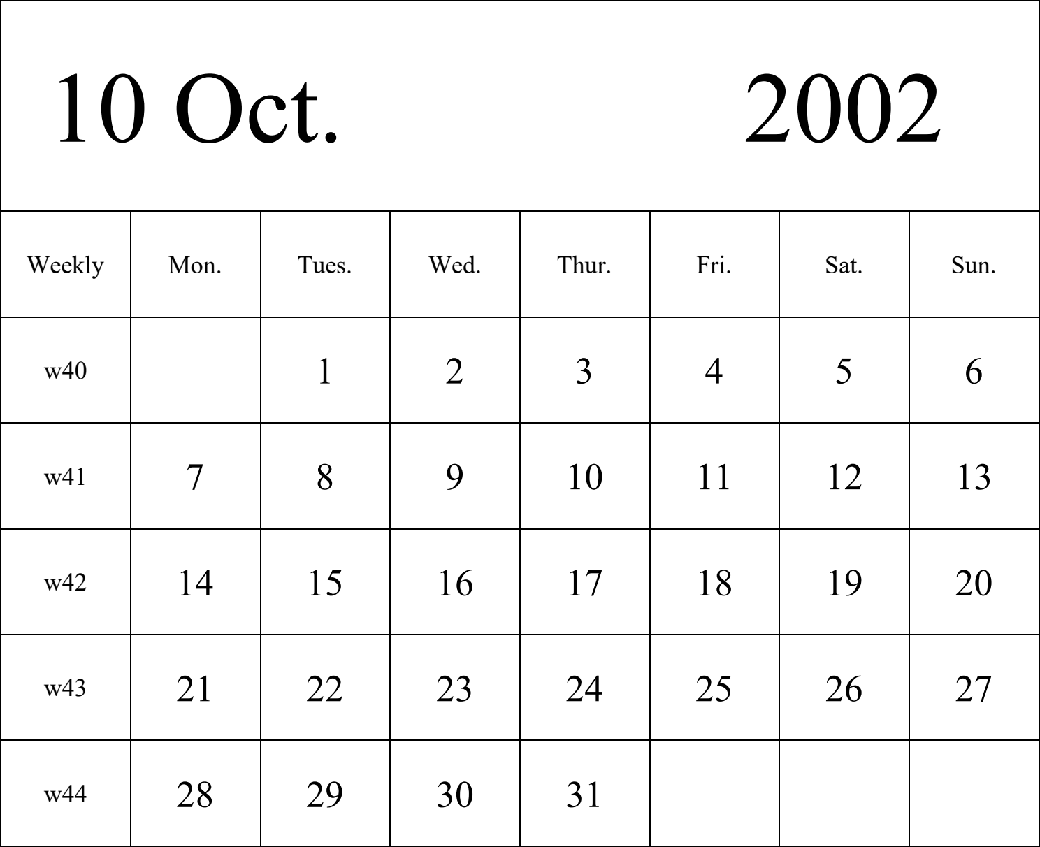 日历表2002年日历 英文版 纵向排版 周一开始 带周数 带节假日调休安排